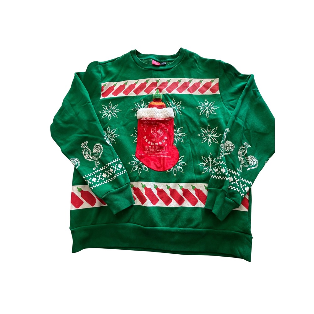 Sriracha Hot Chili Sauce Ugly Christmas Sweater Green Fleece Sweatshirt Large
